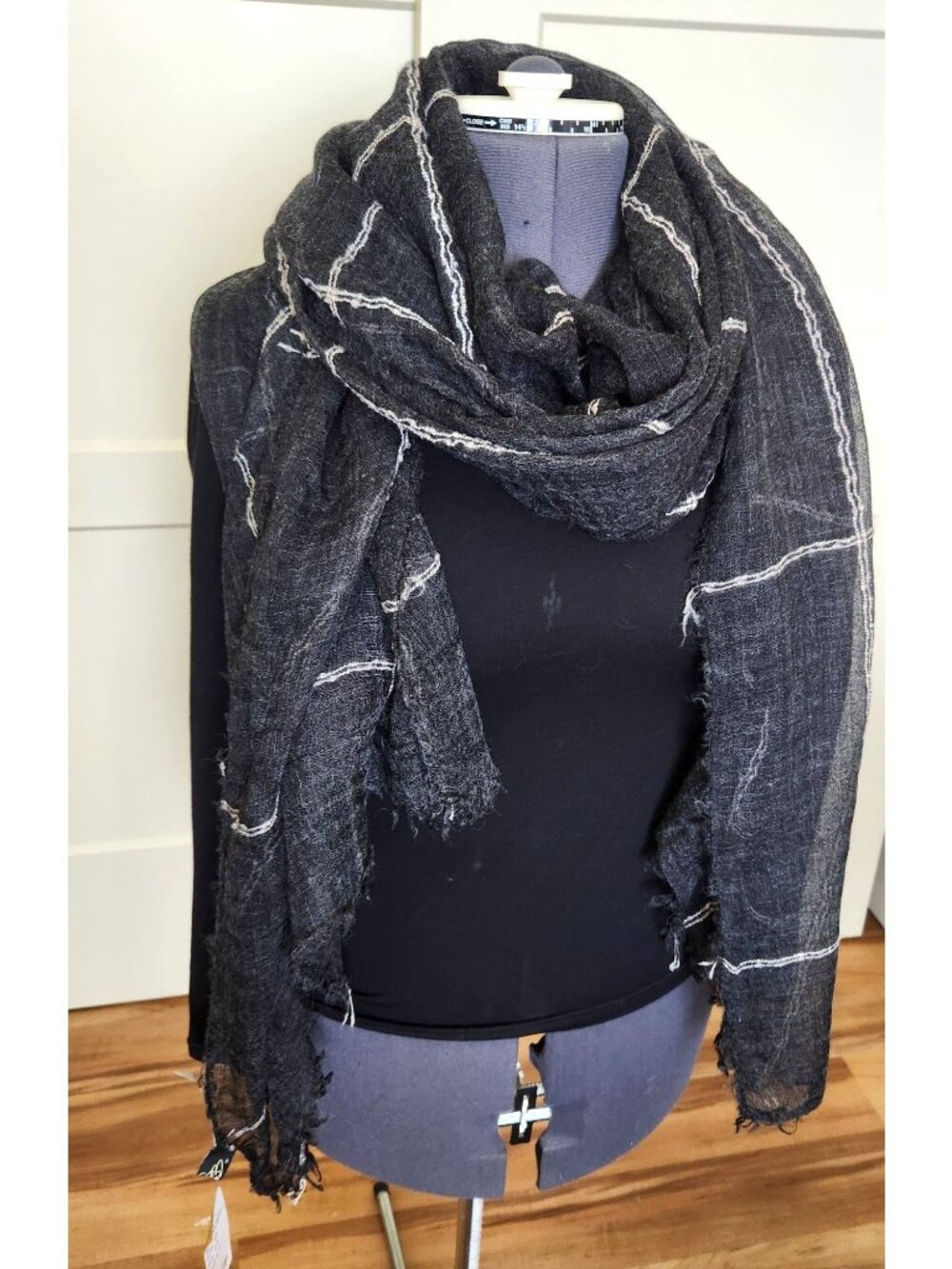 Black Wool & Acrylic Wrap Scarf With Frayed Edges & White Stitching One Size